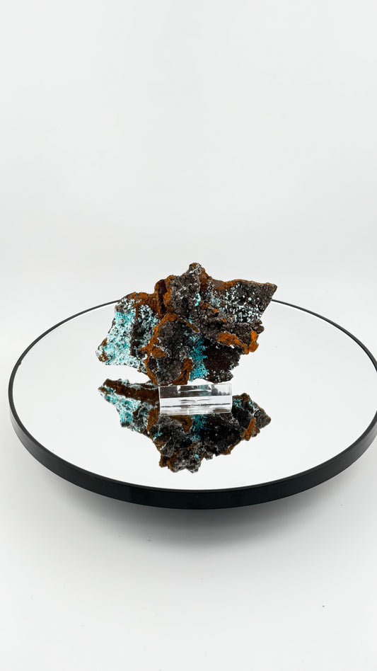 Frontalansicht - Aurichalcit mit türkisblauen und orangefarbenen Krusten, Kütahya, Türkei
